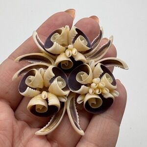 Antique Victorian Seaside Souvenir Brooch Purple Natural Shell Flower Pin J55